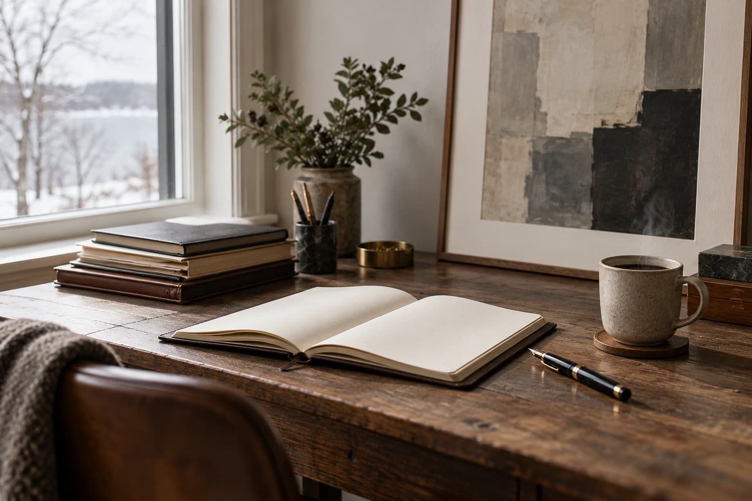 Desk with an open ledger, folders and a pen for a year-end collection review