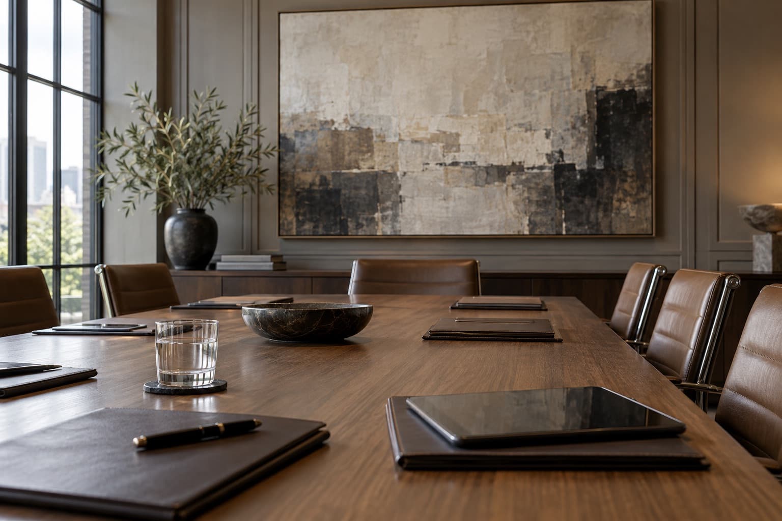 Boardroom with leather folders on the table and an abstract painting on the wall