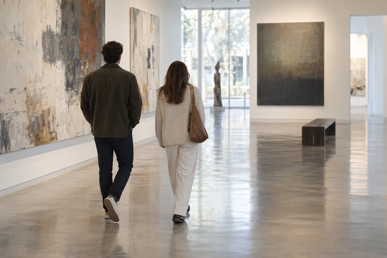 Two people walking through a gallery of large canvases, seen from behind
