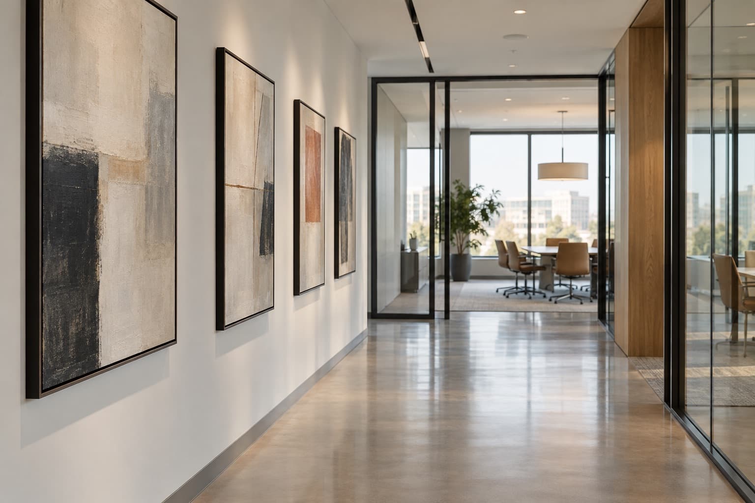 Row of framed abstract works along a corporate office corridor