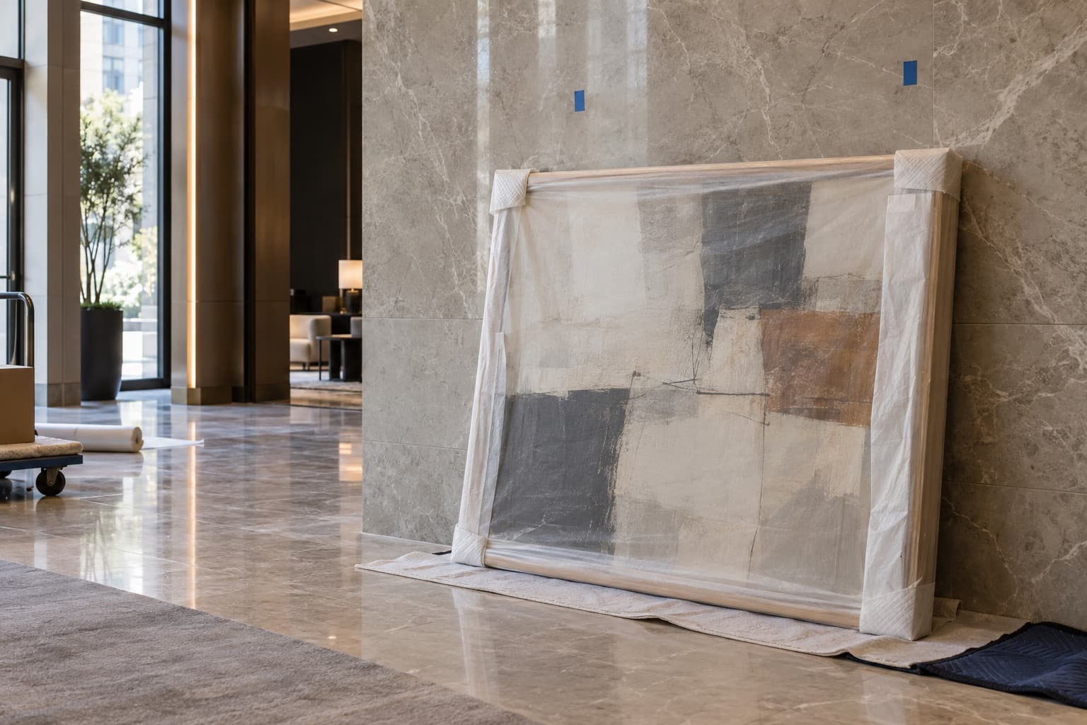 Wrapped artwork waiting to be installed in a new residential lobby