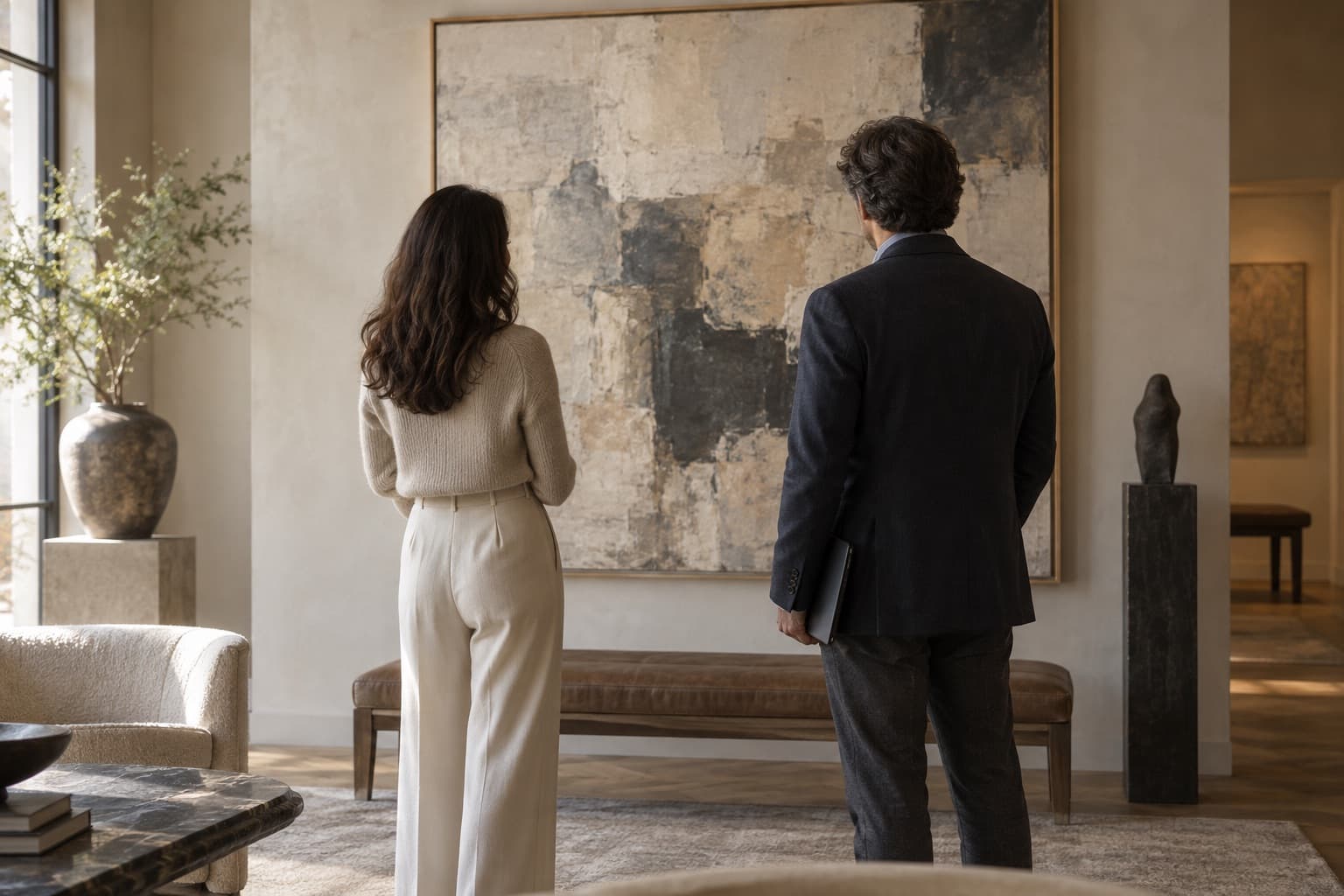 Advisor and client seen from behind studying a painting in a private viewing room